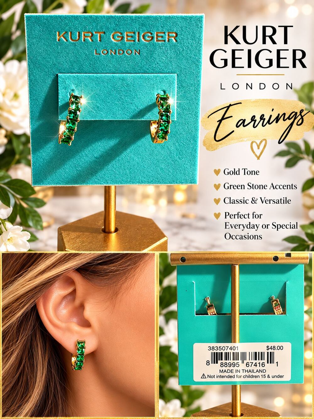 Kurt Geiger London $48 Crystal Huggie Hoop Earrings in Emerald + Dust Bag NWT